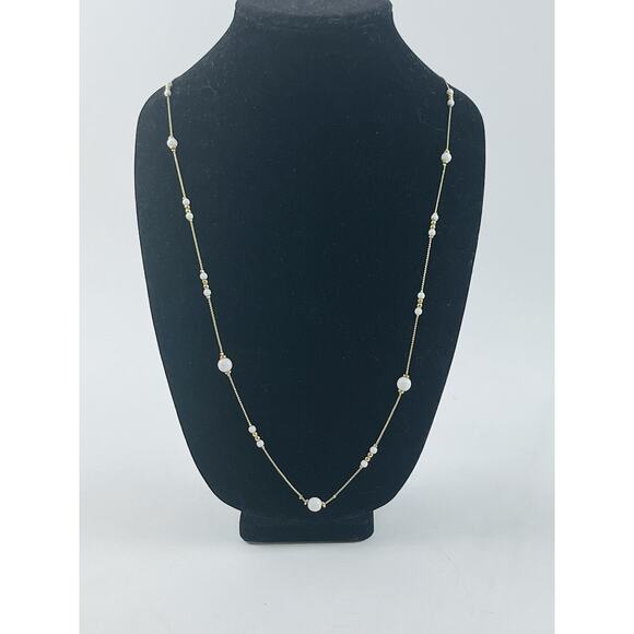 Liz Claiborne Gold Tone White Ball Bead Long Chain Necklace Station 80s Lobster - Picture 3 of 15